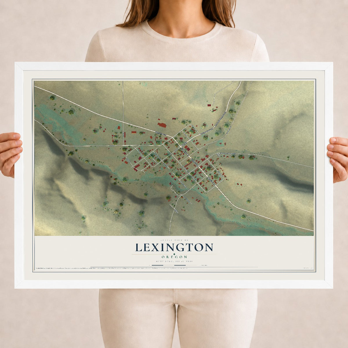 Map of Lexington, Oregon, 18 x 24 inch print in a white wood frame
