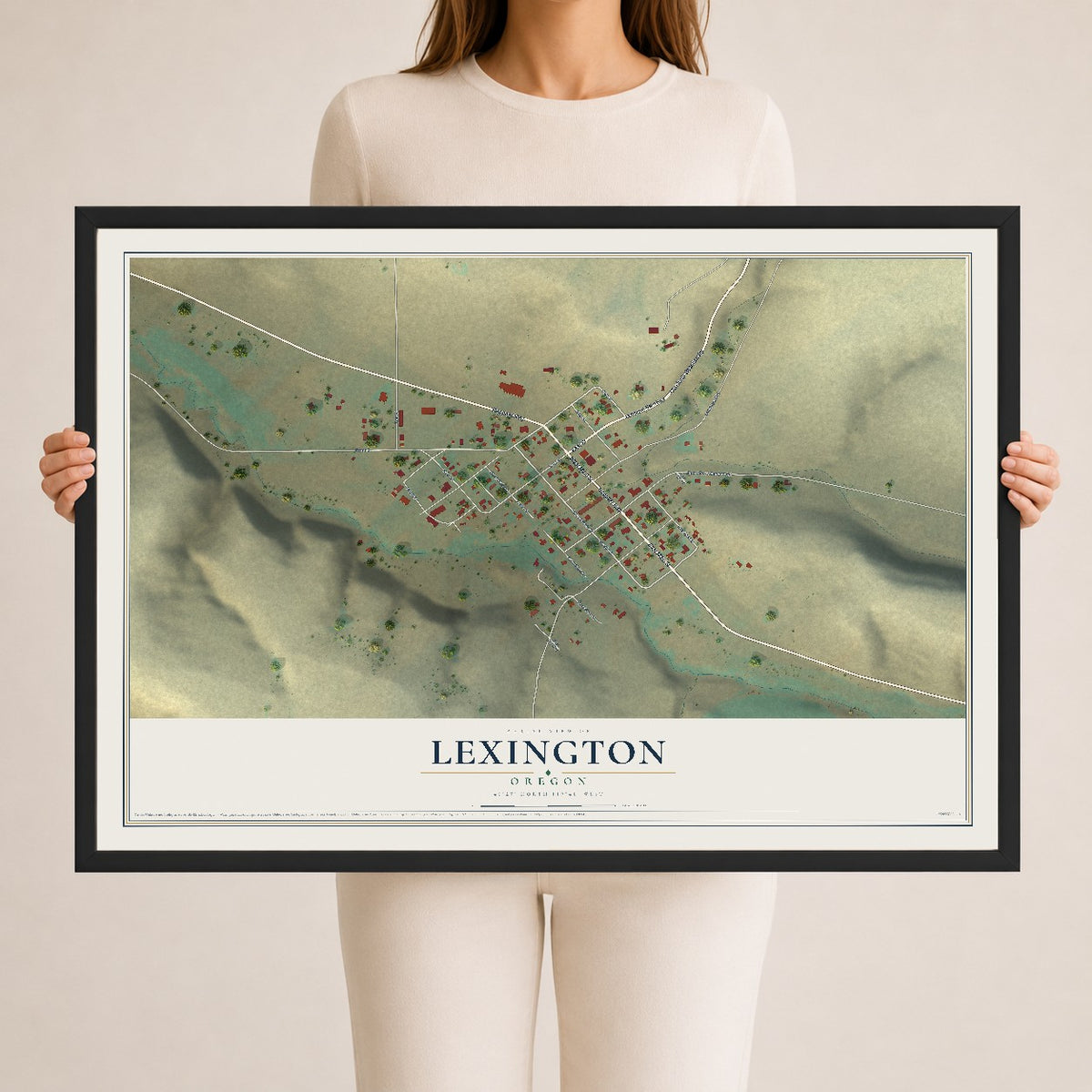 Map of Lexington, Oregon, 24 x 36 inch print in a black wood frame