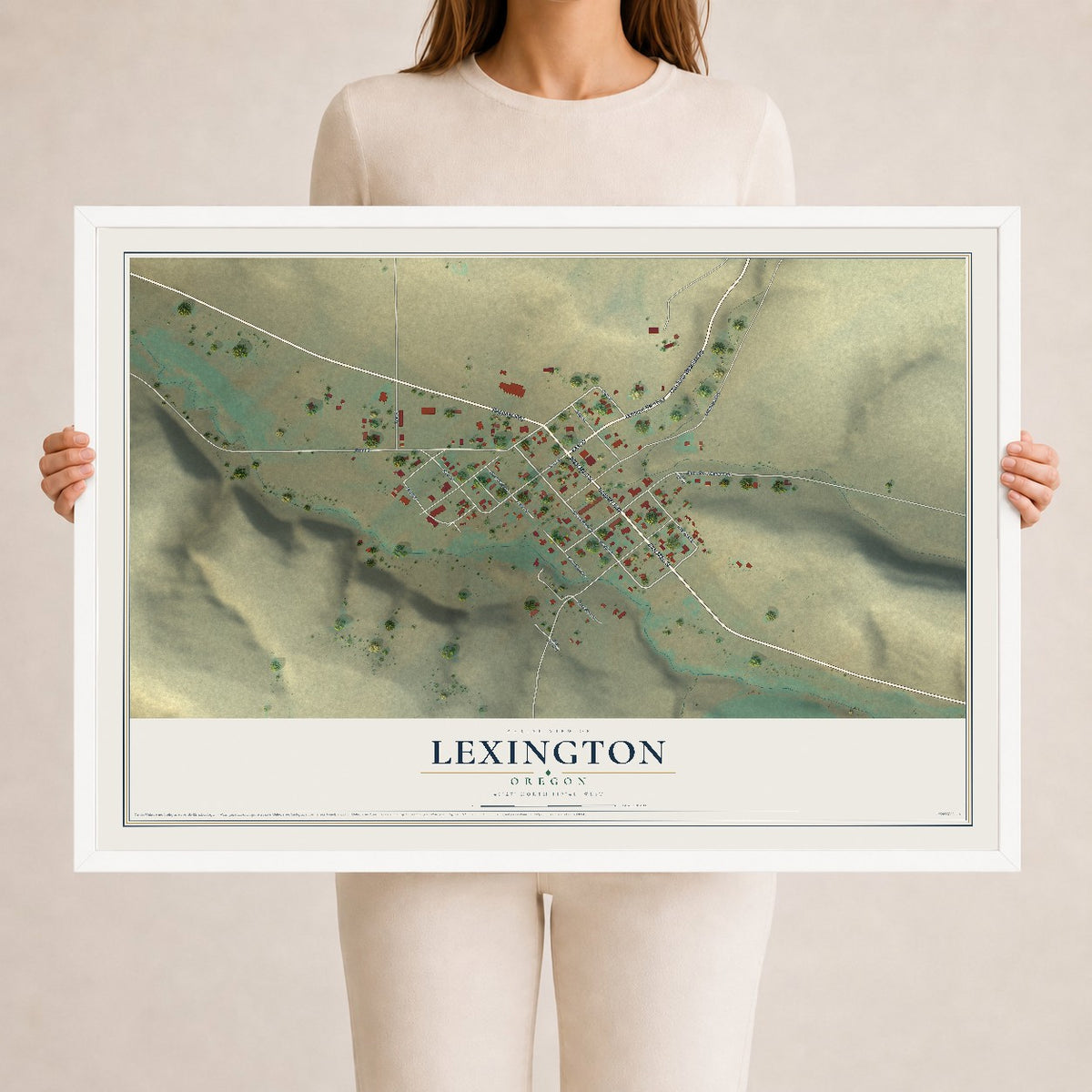 Map of Lexington, Oregon, 24 x 36 inch print in a white wood frame