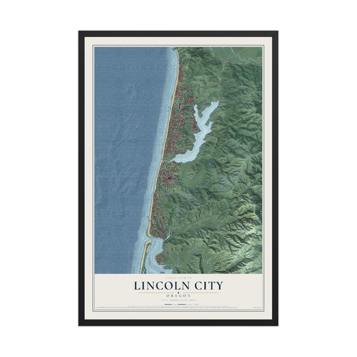 Map of Lincoln City, Oregon, 12 x 18 inch print in a black wood frame
