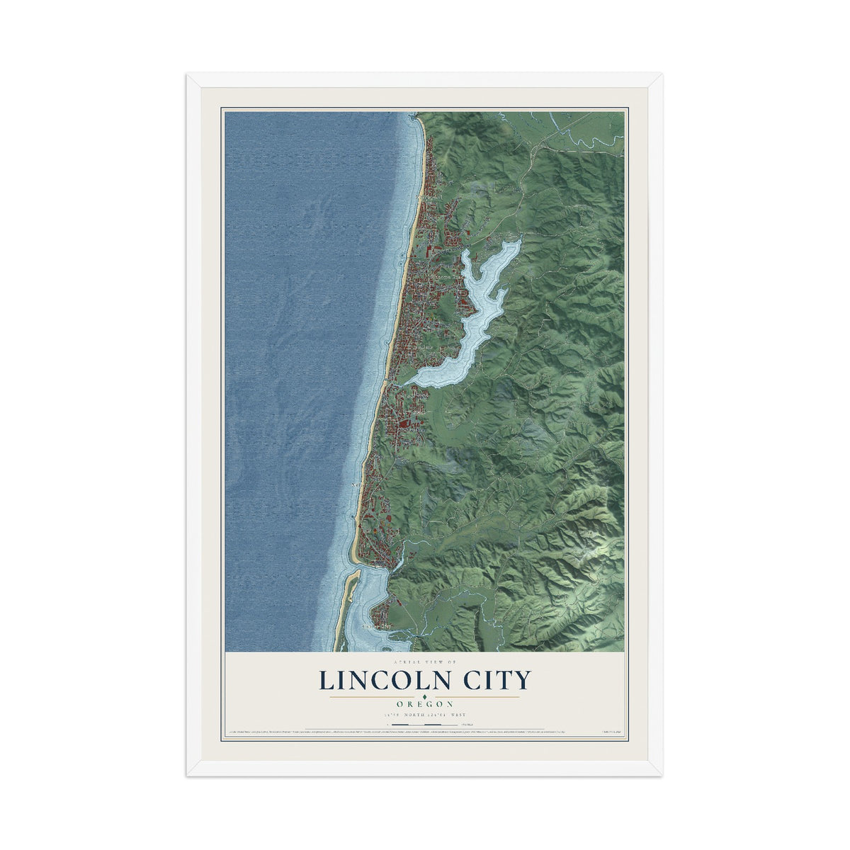 Map of Lincoln City, Oregon, 12 x 18 inch print in a white wood frame