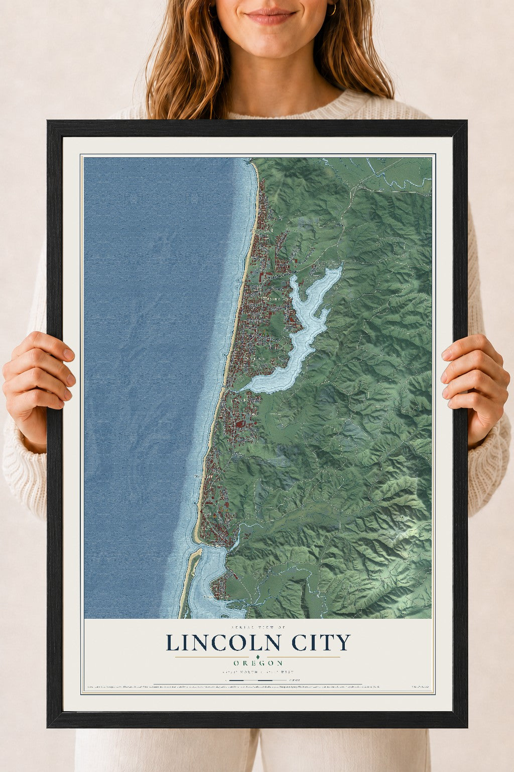 Map of Lincoln City, Oregon, 18 x 24 inch print in a black wood frame