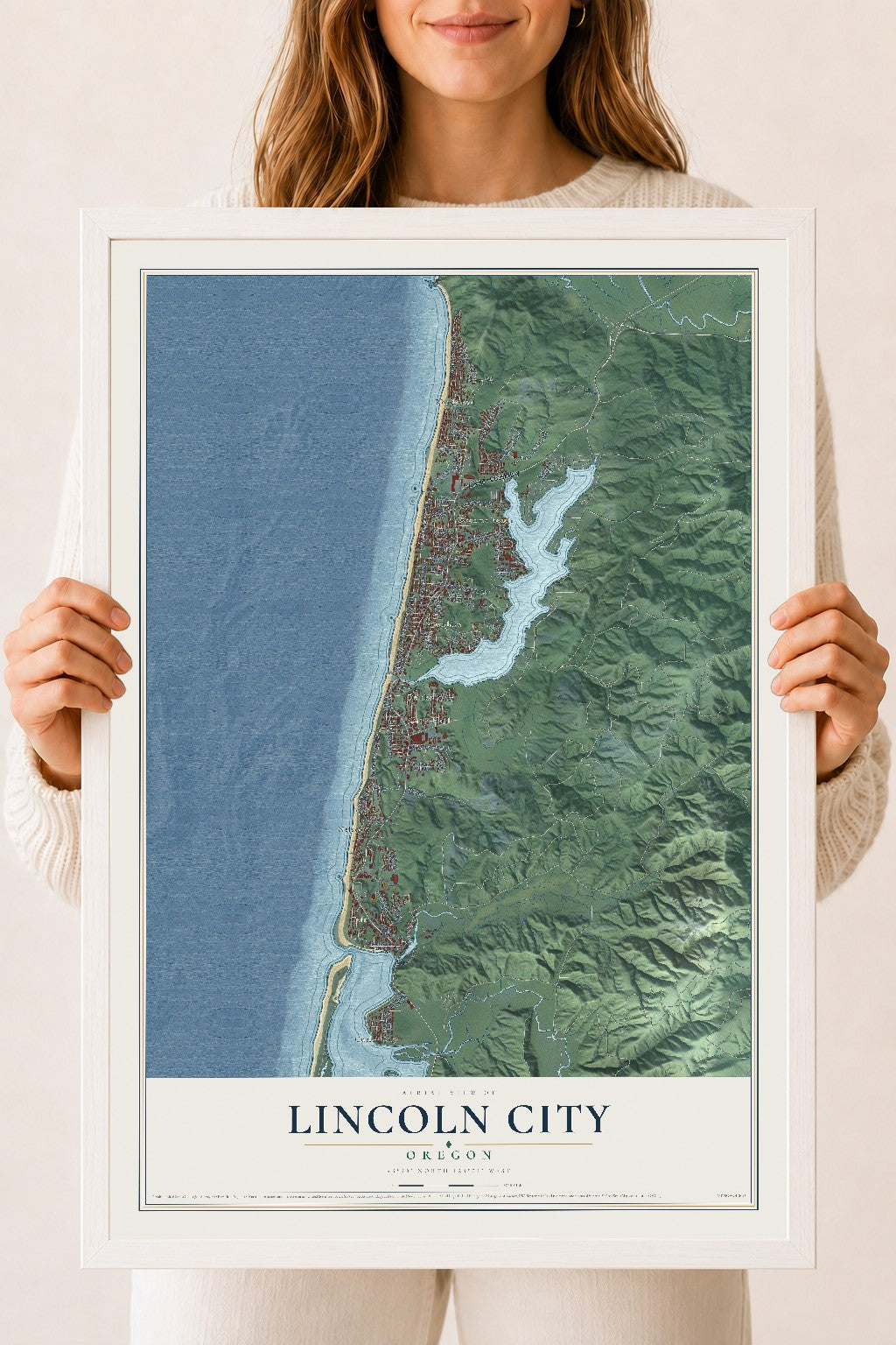 Map of Lincoln City, Oregon, 18 x 24 inch print in a white wood frame
