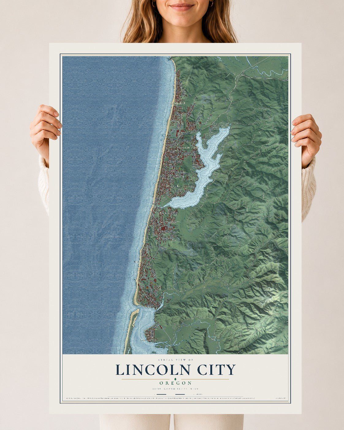 Map of Lincoln City, Oregon, 24 x 36 inch unframed archival matte print