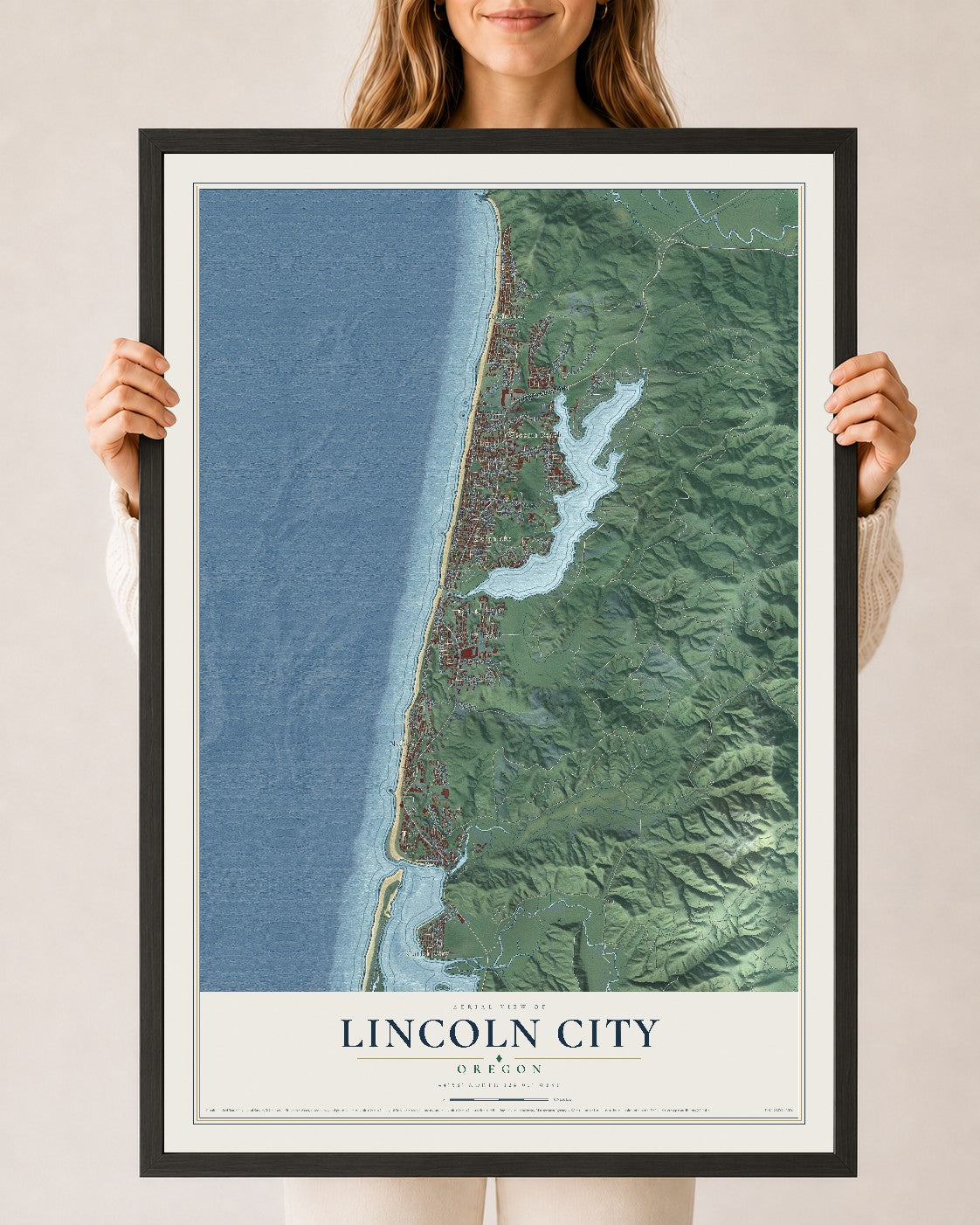 Map of Lincoln City, Oregon, 24 x 36 inch print in a black wood frame