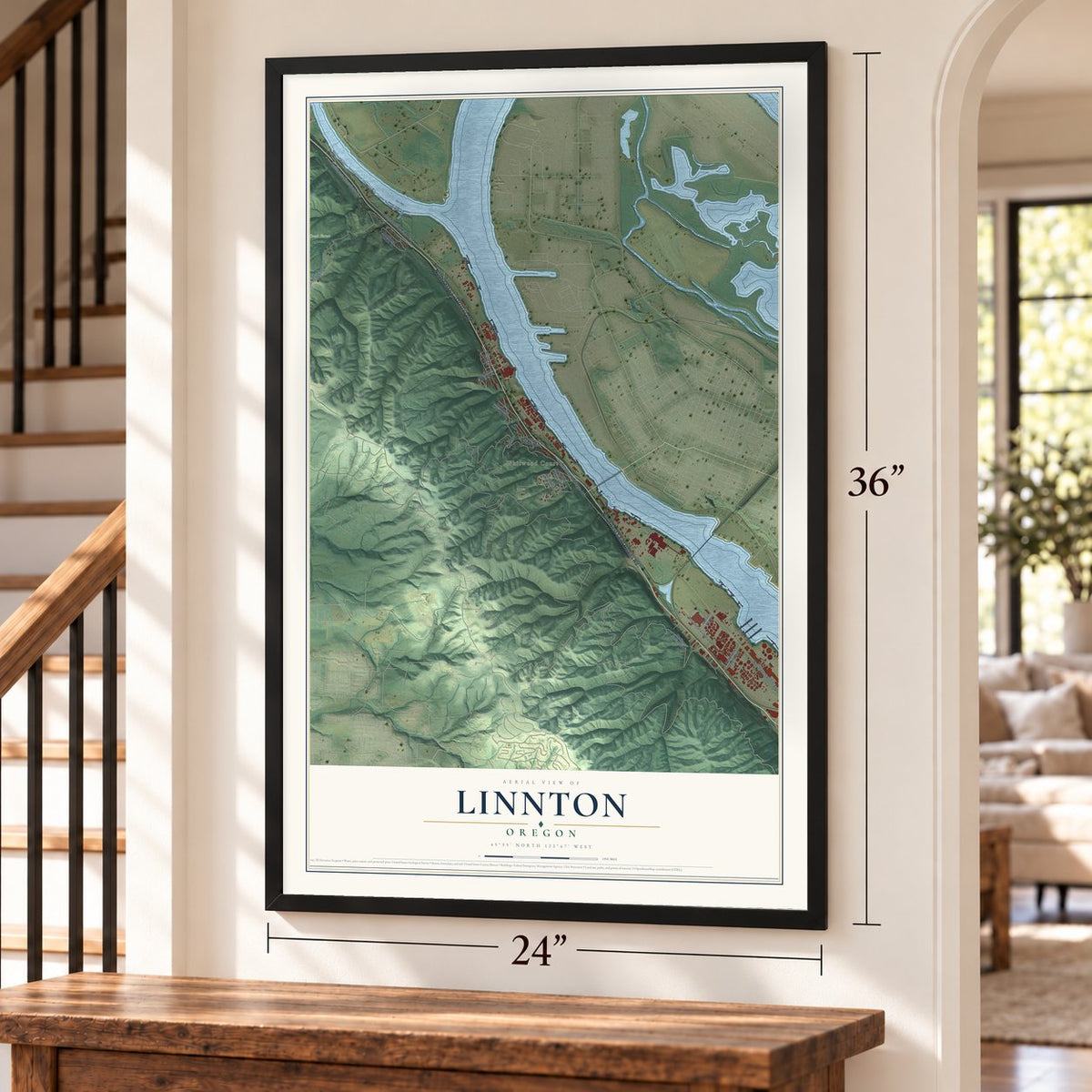 Linnton, Oregon map, 24 x 36 inch print in a black frame by a staircase
