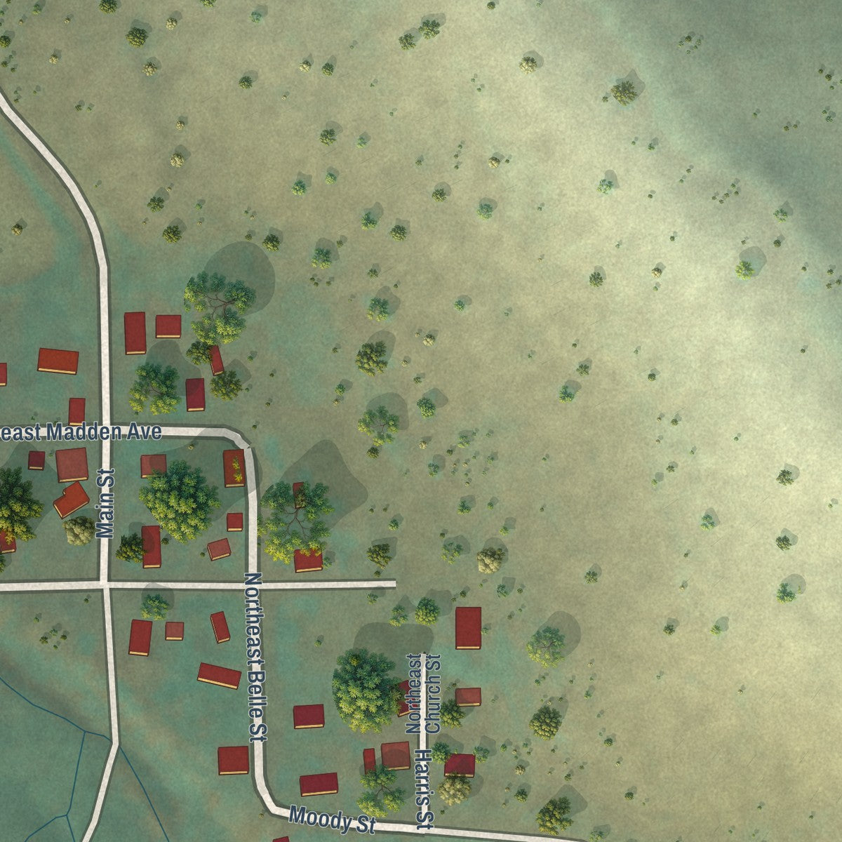 Second close-up of the map of Lonerock, Oregon print showing more streets and buildings