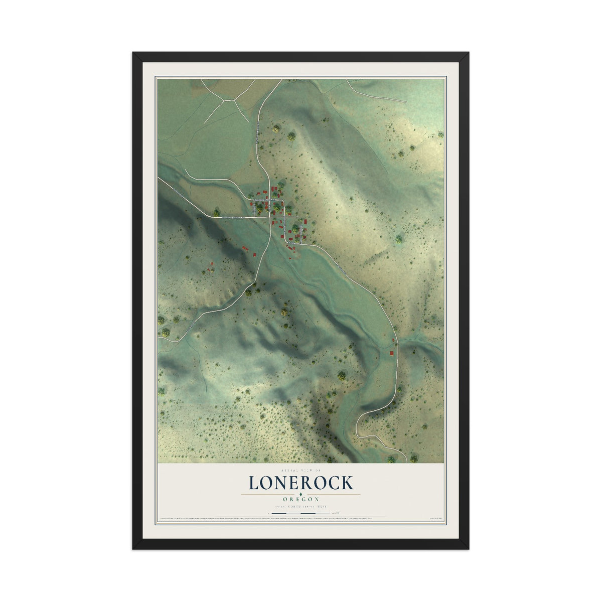 Map of Lonerock, Oregon, 12 x 18 inch print in a black wood frame