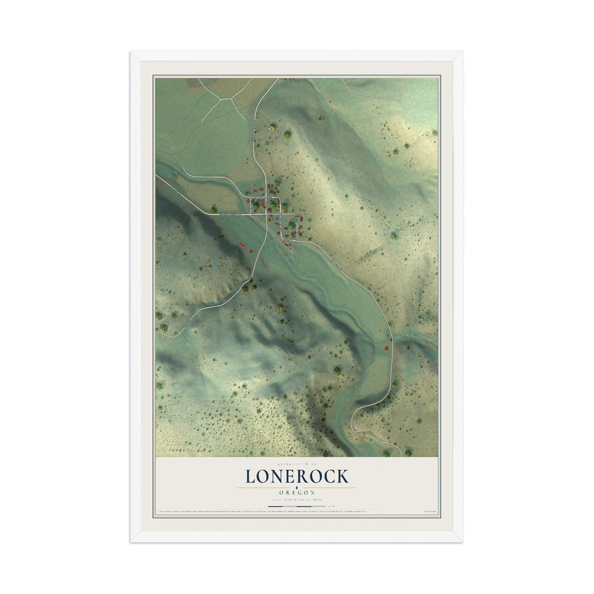 Map of Lonerock, Oregon, 12 x 18 inch print in a white wood frame