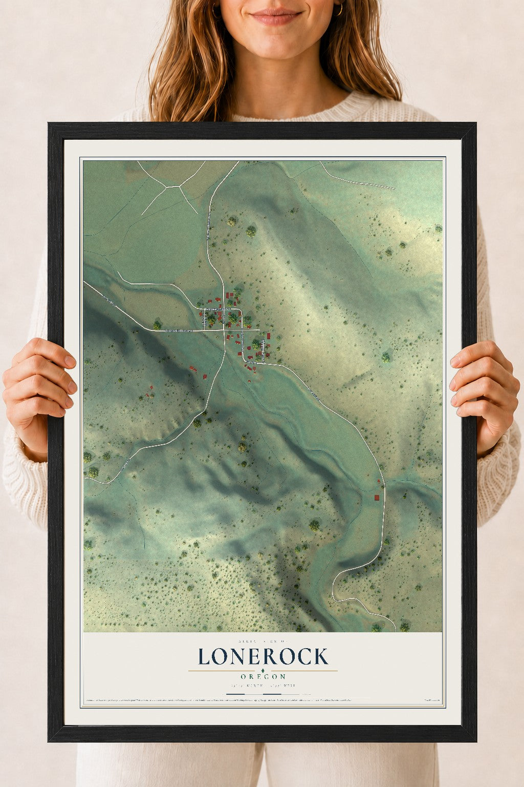 Map of Lonerock, Oregon, 18 x 24 inch print in a black wood frame