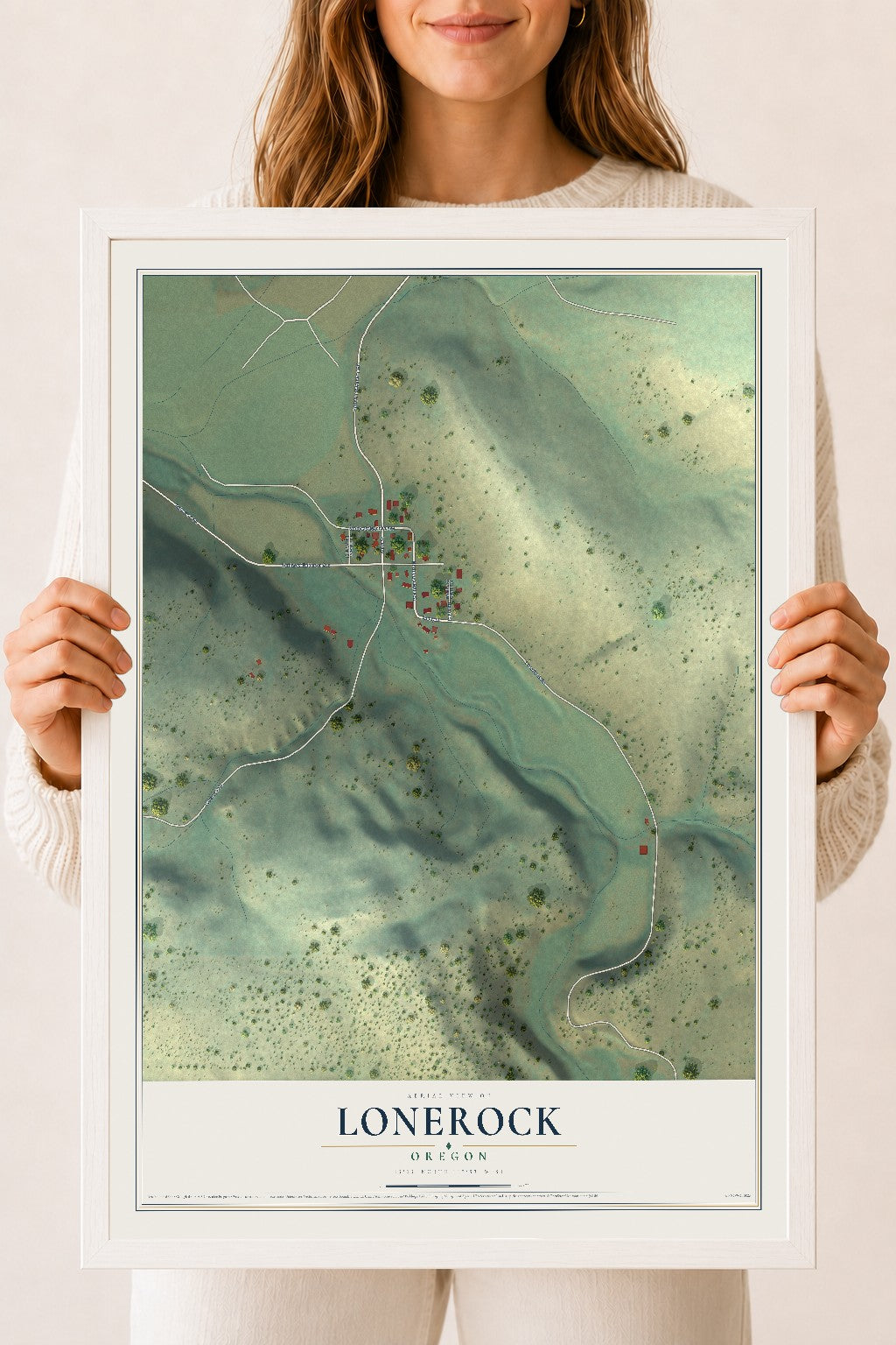 Map of Lonerock, Oregon, 18 x 24 inch print in a white wood frame