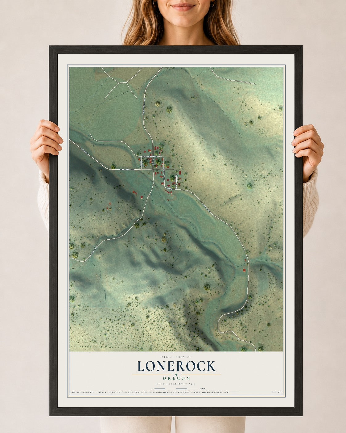 Map of Lonerock, Oregon, 24 x 36 inch print in a black wood frame