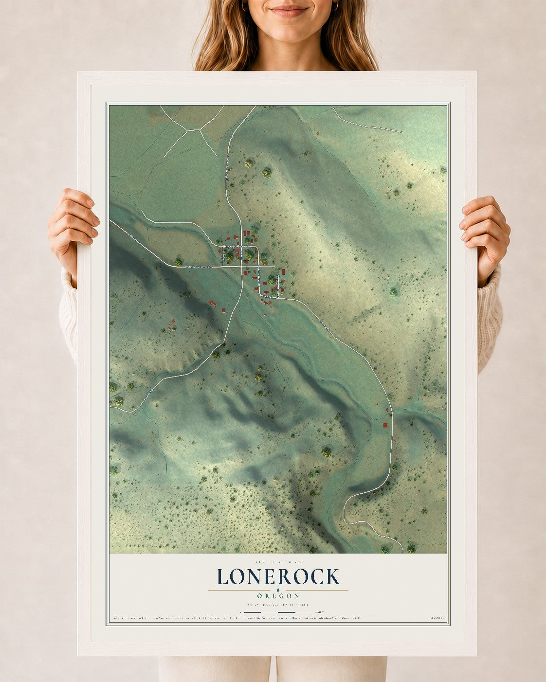 Map of Lonerock, Oregon, 24 x 36 inch print in a white wood frame