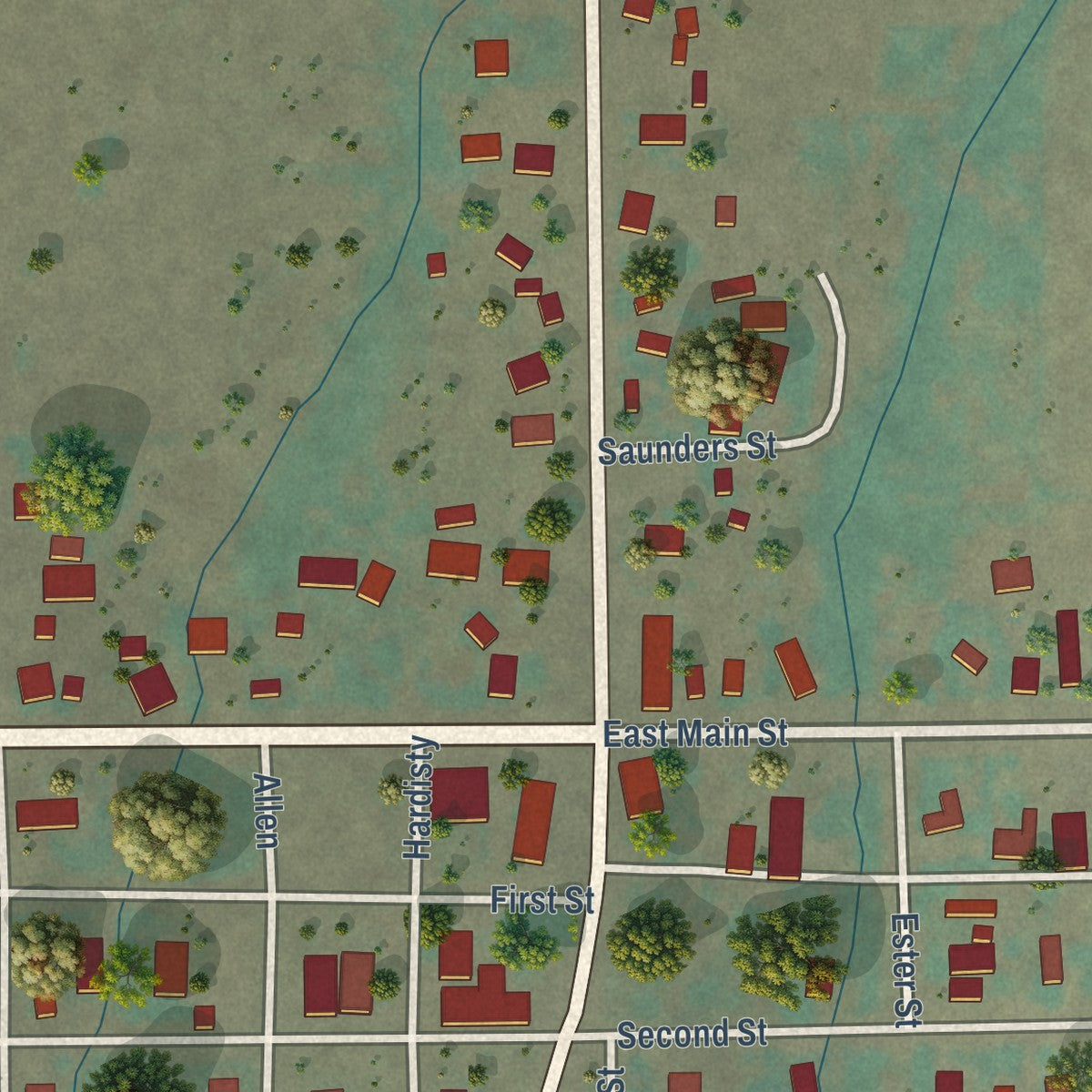 Close-up of the map of Long Creek, Oregon print showing street and building detail