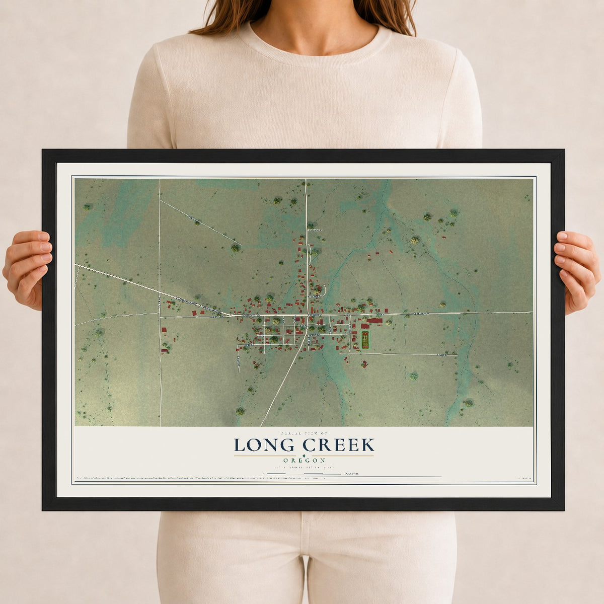 Map of Long Creek, Oregon, 12 x 18 inch print in a black wood frame