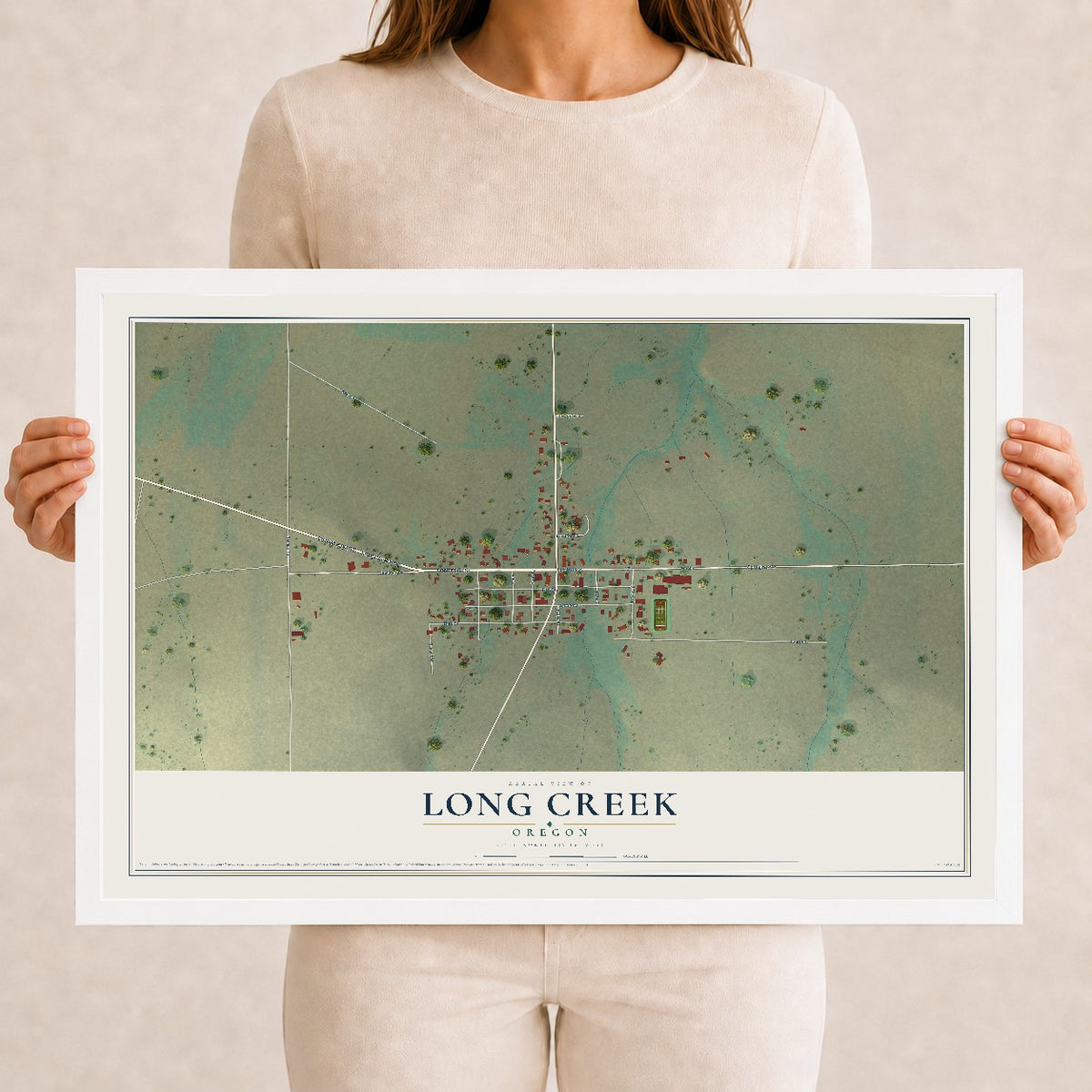 Map of Long Creek, Oregon, 12 x 18 inch print in a white wood frame