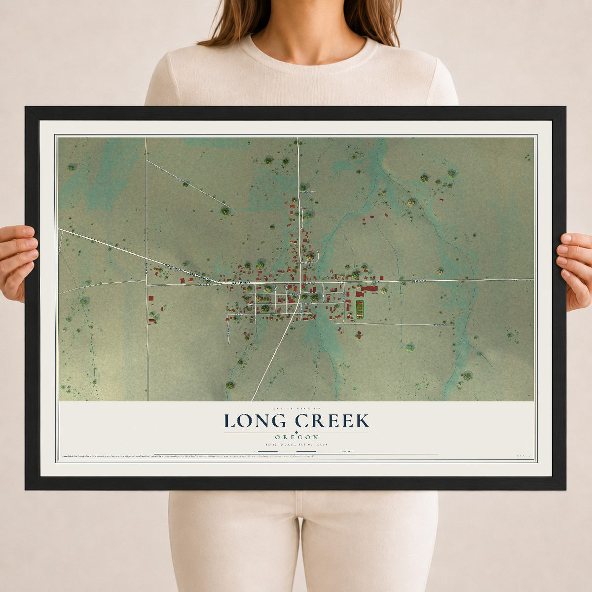 Map of Long Creek, Oregon, 18 x 24 inch print in a black wood frame