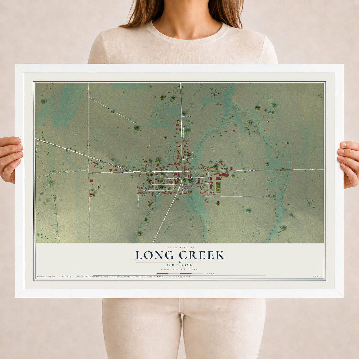 Map of Long Creek, Oregon, 18 x 24 inch print in a white wood frame