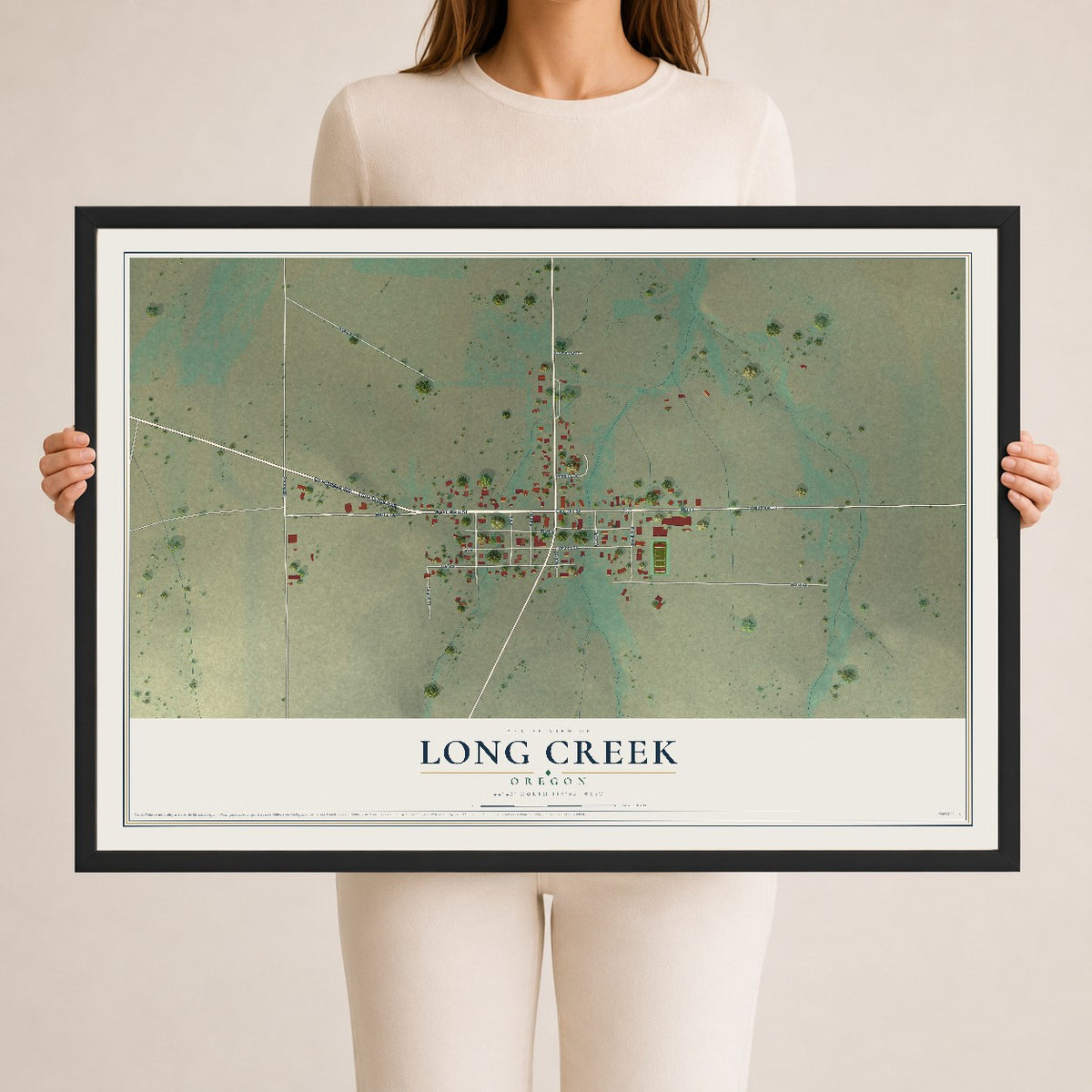 Map of Long Creek, Oregon, 24 x 36 inch print in a black wood frame