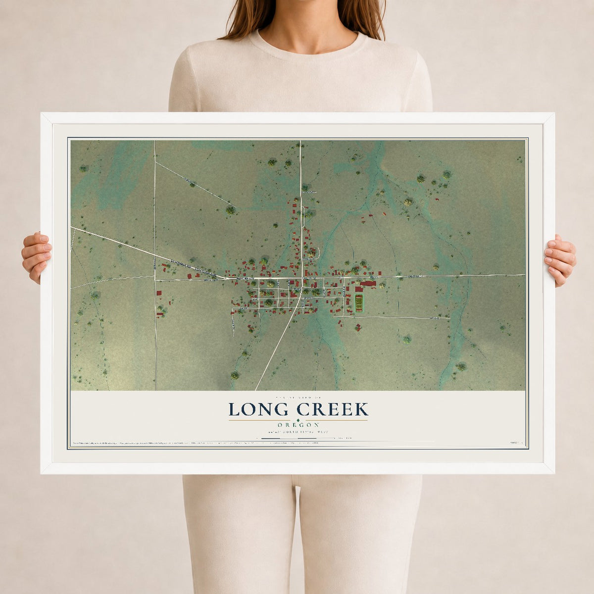 Map of Long Creek, Oregon, 24 x 36 inch print in a white wood frame