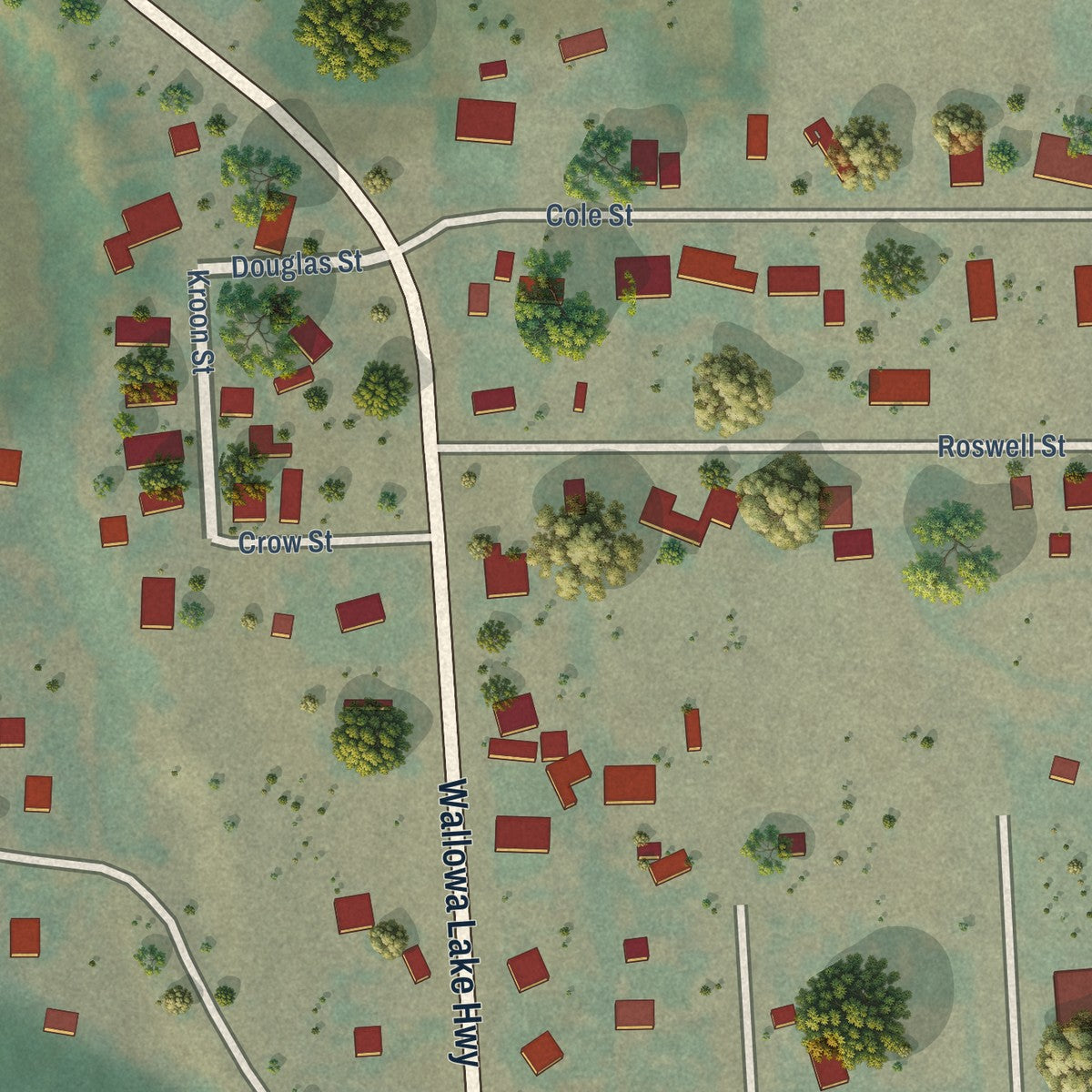 Close-up of the map of Lostine, Oregon print showing street and building detail