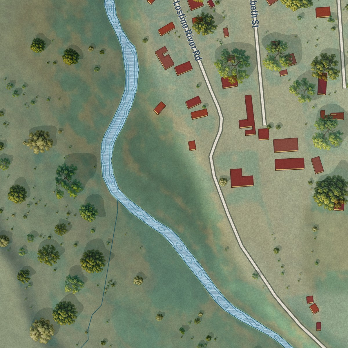 Second close-up of the map of Lostine, Oregon print showing more streets and buildings