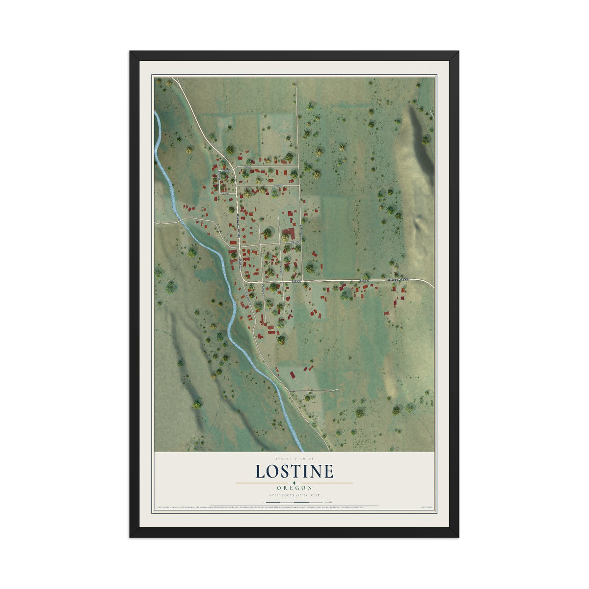 Map of Lostine, Oregon, 12 x 18 inch print in a black wood frame
