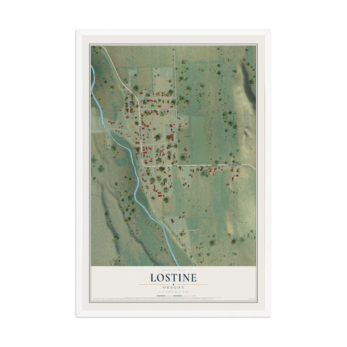 Map of Lostine, Oregon, 12 x 18 inch print in a white wood frame