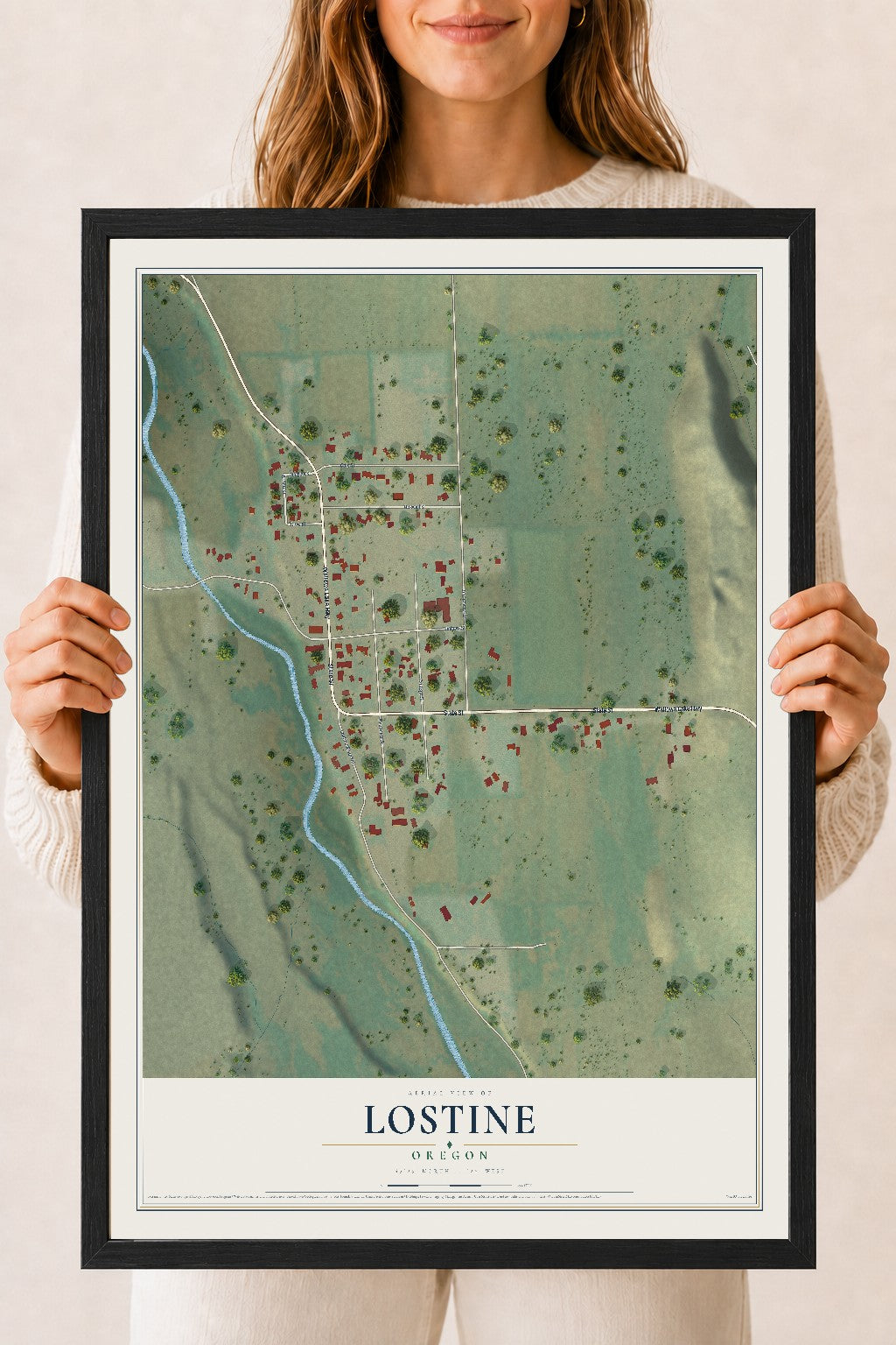 Map of Lostine, Oregon, 18 x 24 inch print in a black wood frame