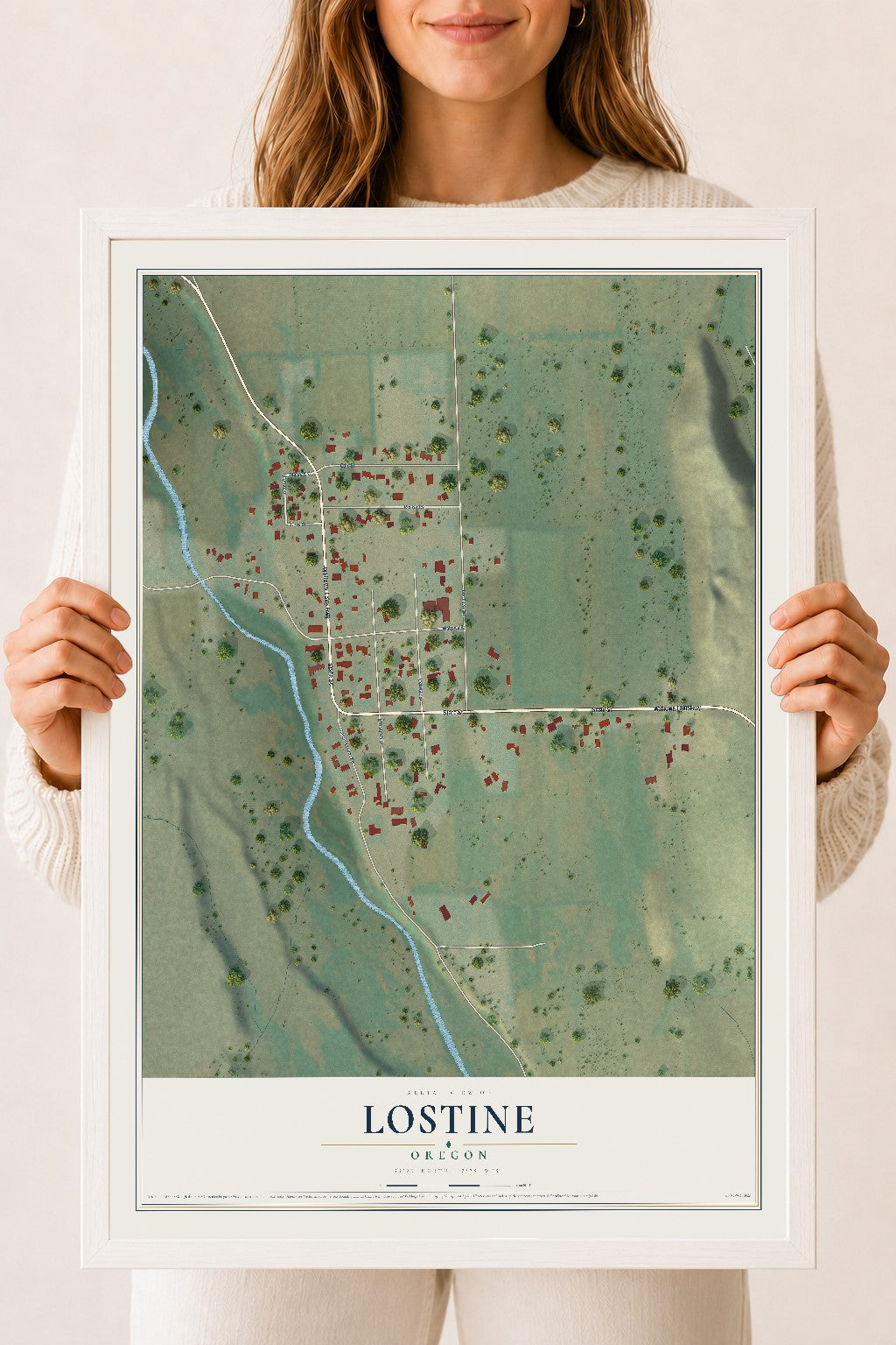 Map of Lostine, Oregon, 18 x 24 inch print in a white wood frame