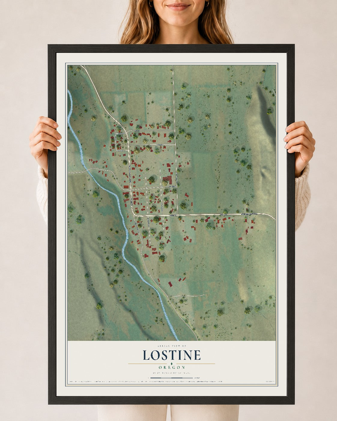 Map of Lostine, Oregon, 24 x 36 inch print in a black wood frame