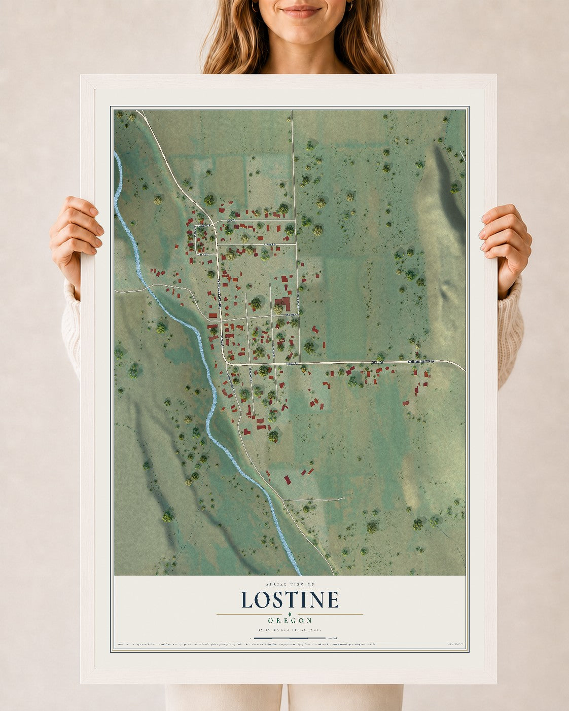 Map of Lostine, Oregon, 24 x 36 inch print in a white wood frame