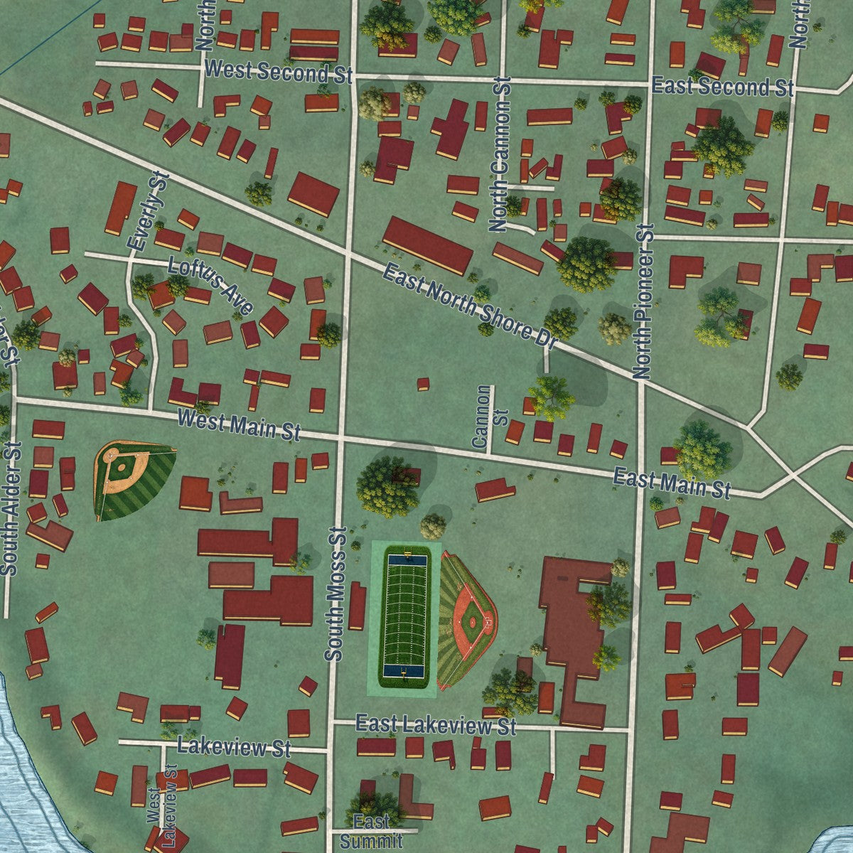 Close-up of the map of Lowell, Oregon print showing street and building detail