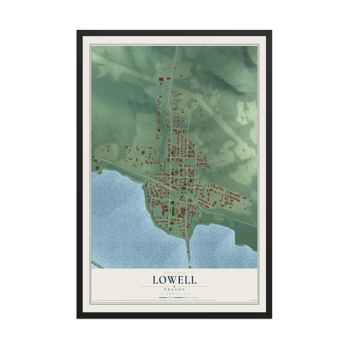 Map of Lowell, Oregon, 12 x 18 inch print in a black wood frame