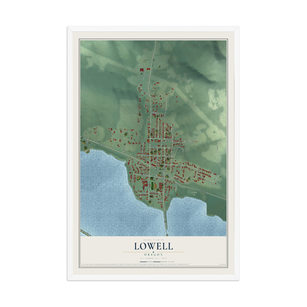 Map of Lowell, Oregon, 12 x 18 inch print in a white wood frame