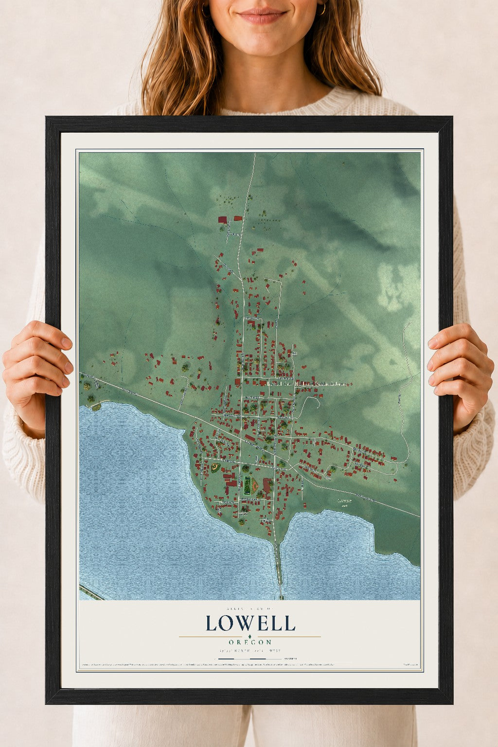 Map of Lowell, Oregon, 18 x 24 inch print in a black wood frame