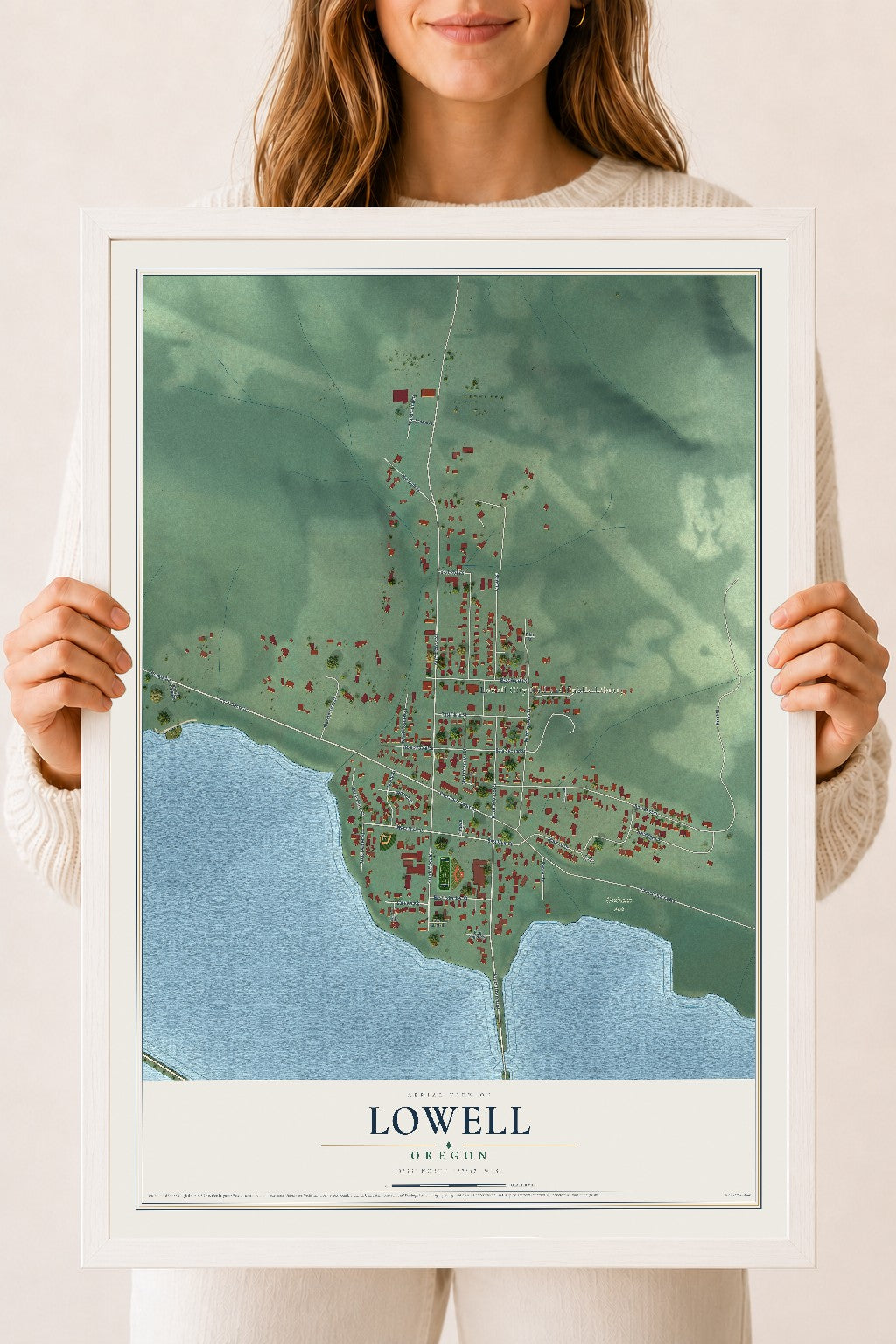 Map of Lowell, Oregon, 18 x 24 inch print in a white wood frame