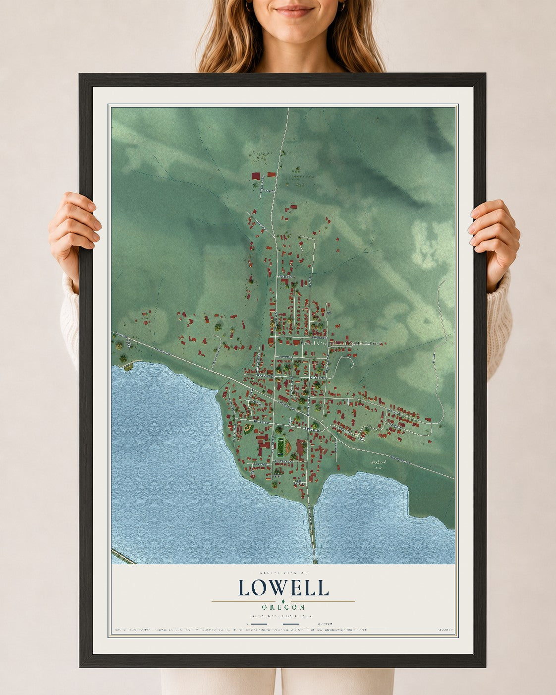 Map of Lowell, Oregon, 24 x 36 inch print in a black wood frame