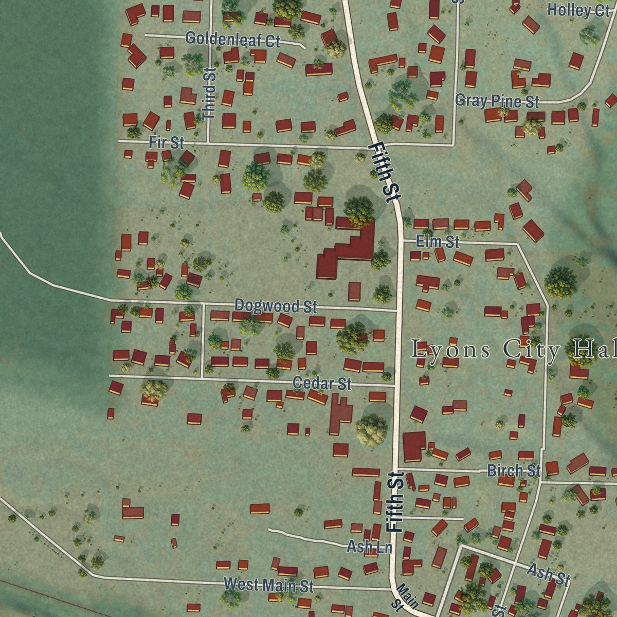 Close-up of the map of Lyons, Oregon print showing street and building detail
