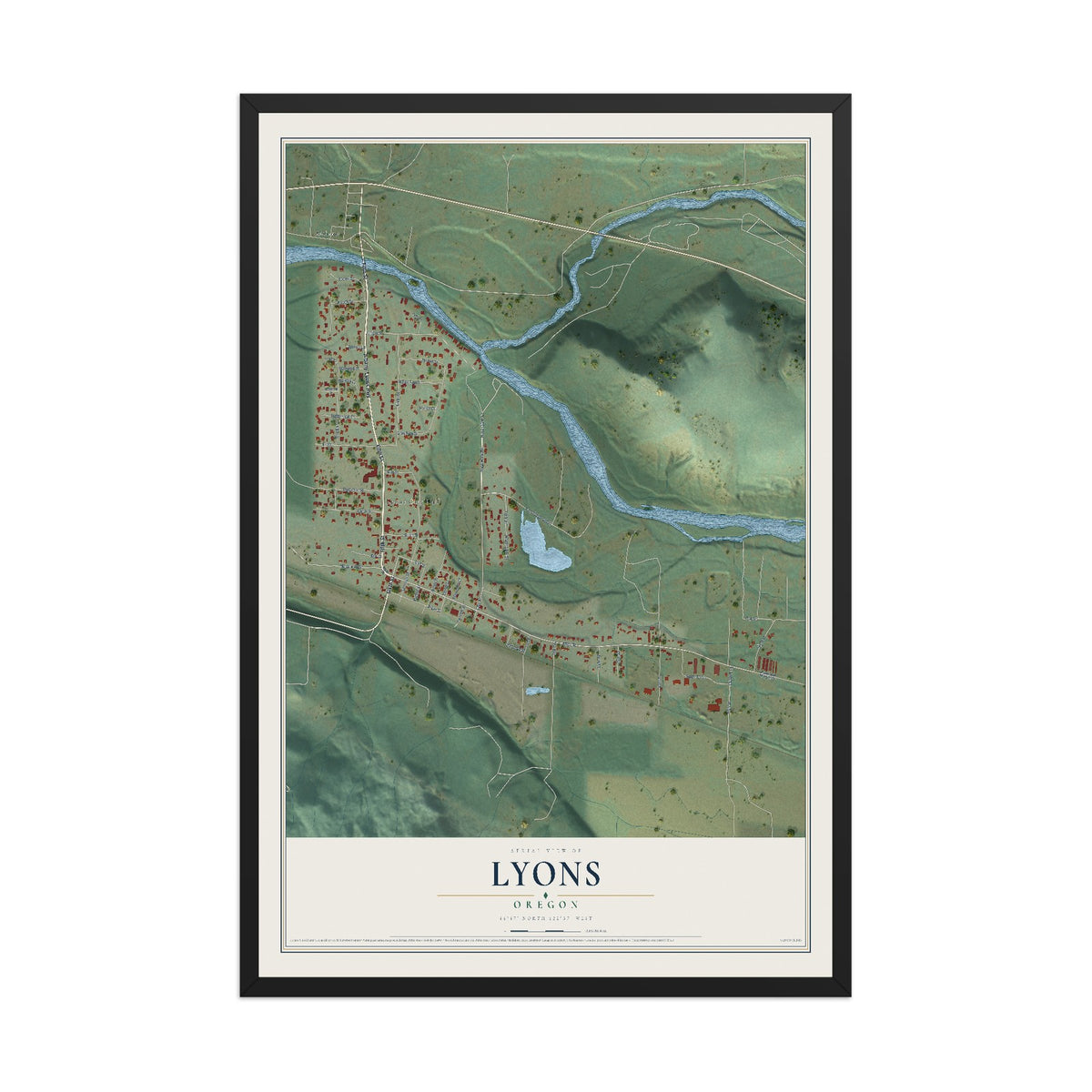Map of Lyons, Oregon, 12 x 18 inch print in a black wood frame