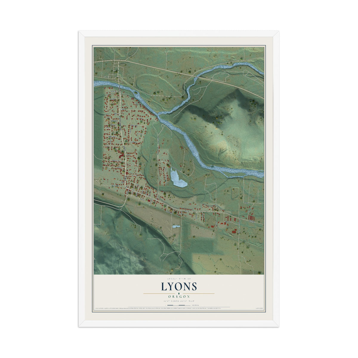 Map of Lyons, Oregon, 12 x 18 inch print in a white wood frame