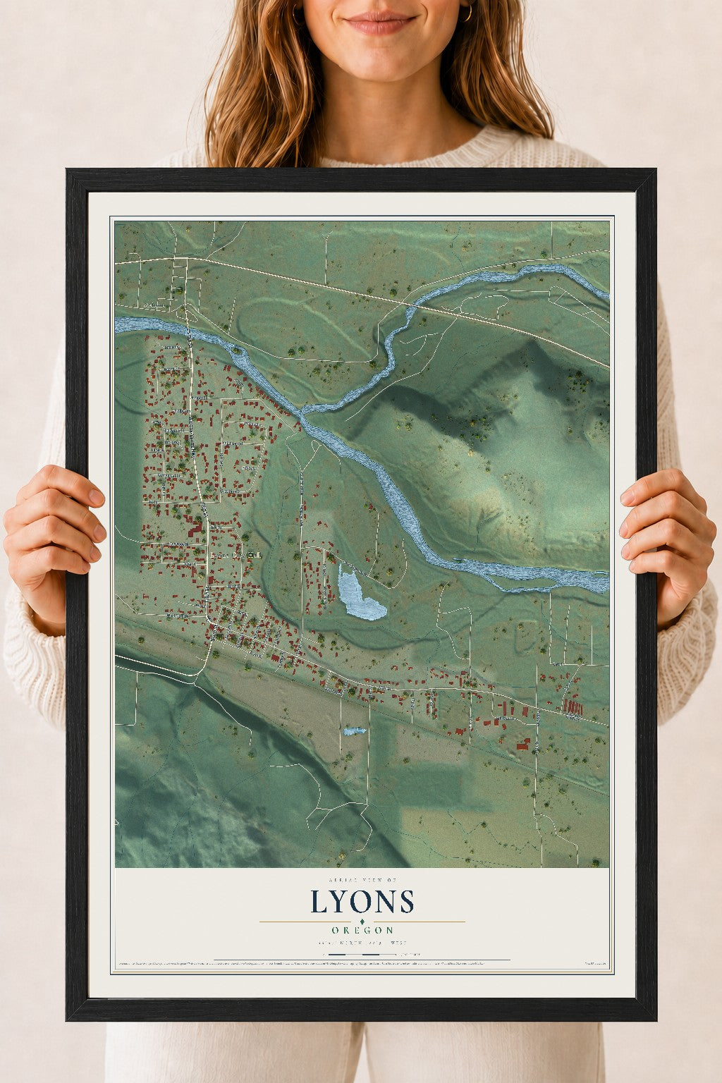 Map of Lyons, Oregon, 18 x 24 inch print in a black wood frame