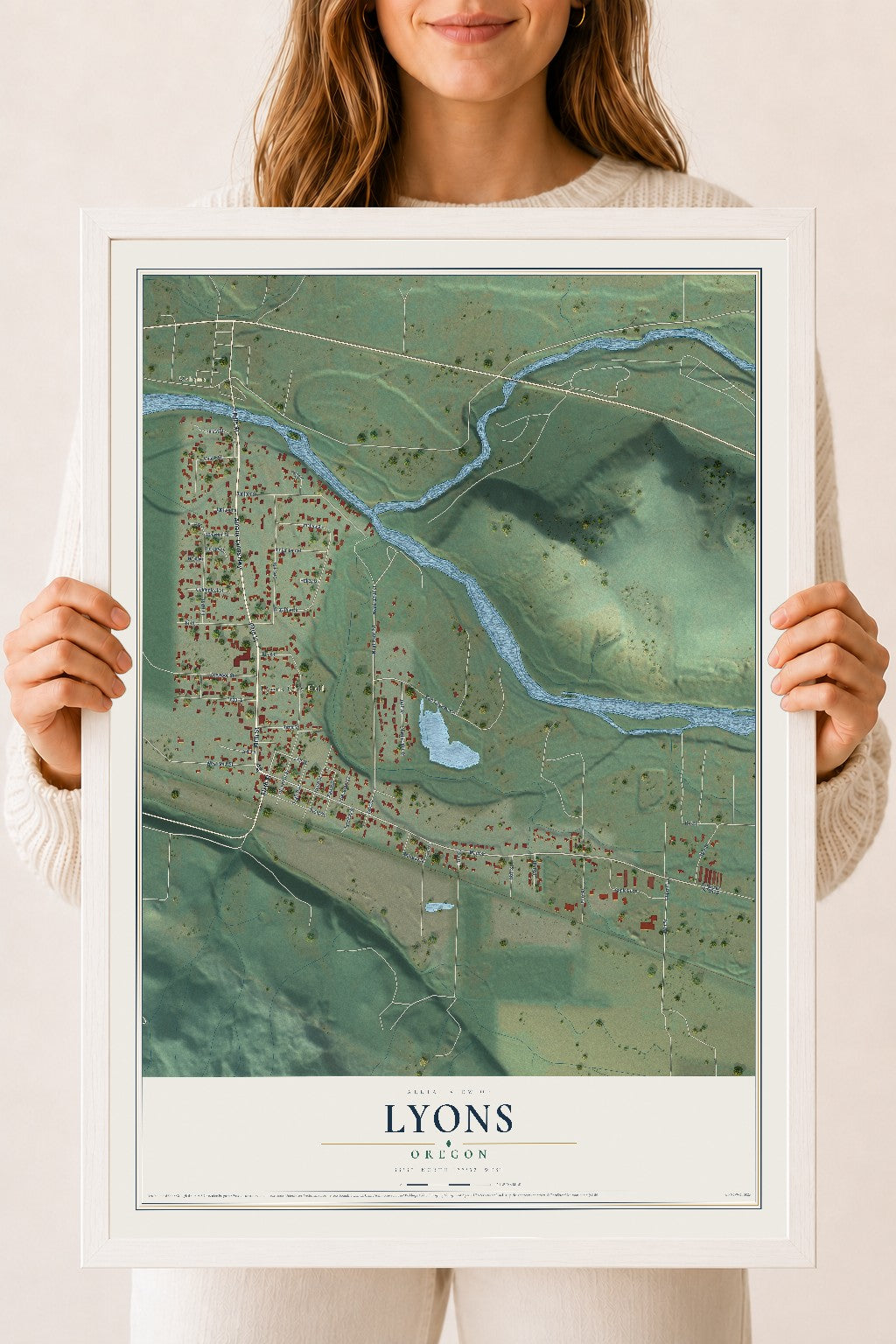 Map of Lyons, Oregon, 18 x 24 inch print in a white wood frame