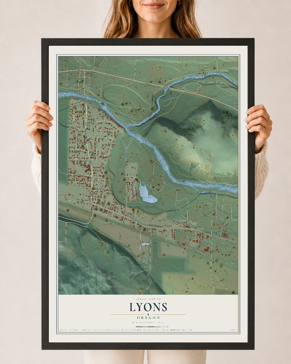 Map of Lyons, Oregon, 24 x 36 inch print in a black wood frame