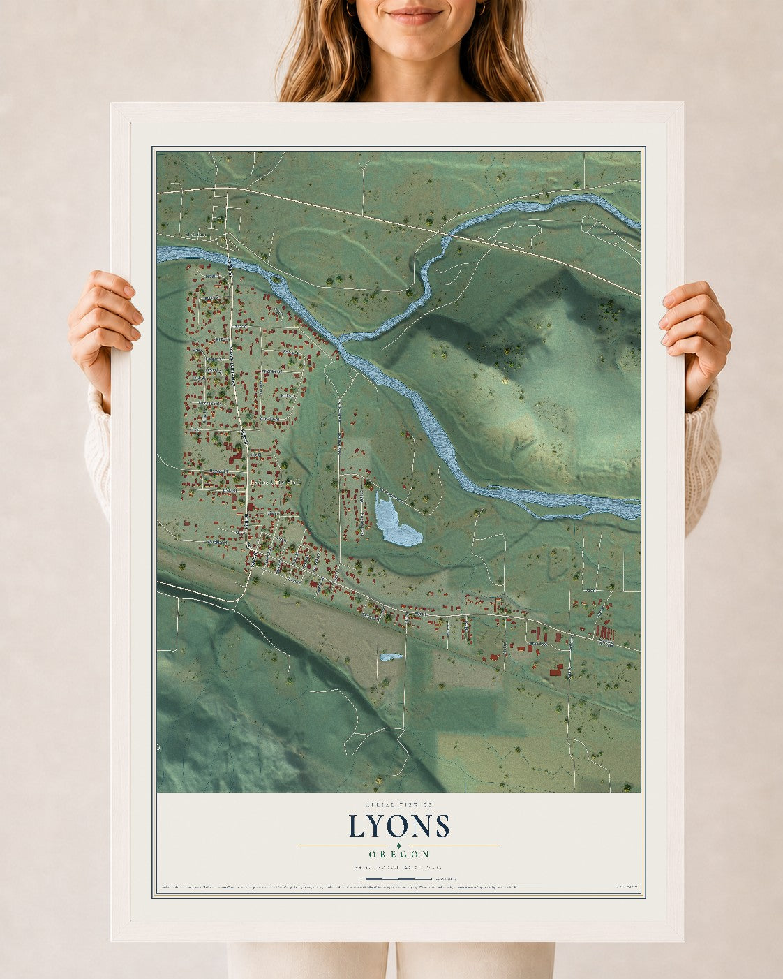 Map of Lyons, Oregon, 24 x 36 inch print in a white wood frame