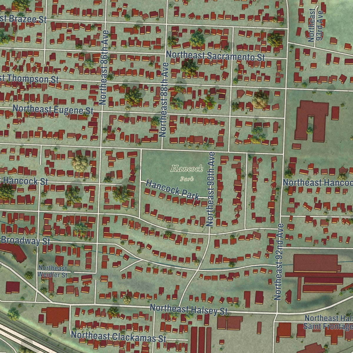 Close-up of the map of Madison South, Oregon print showing street and building detail