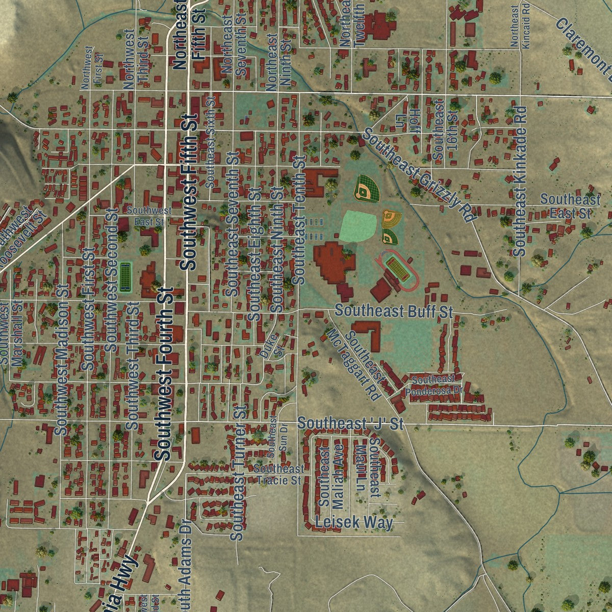 Close-up of the map of Madras, Oregon print showing street and building detail