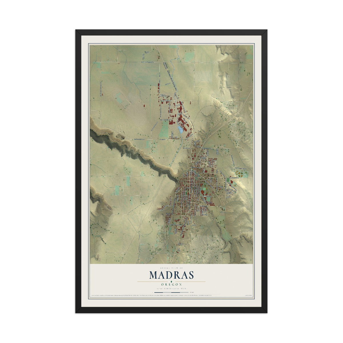 Map of Madras, Oregon, 12 x 18 inch print in a black wood frame