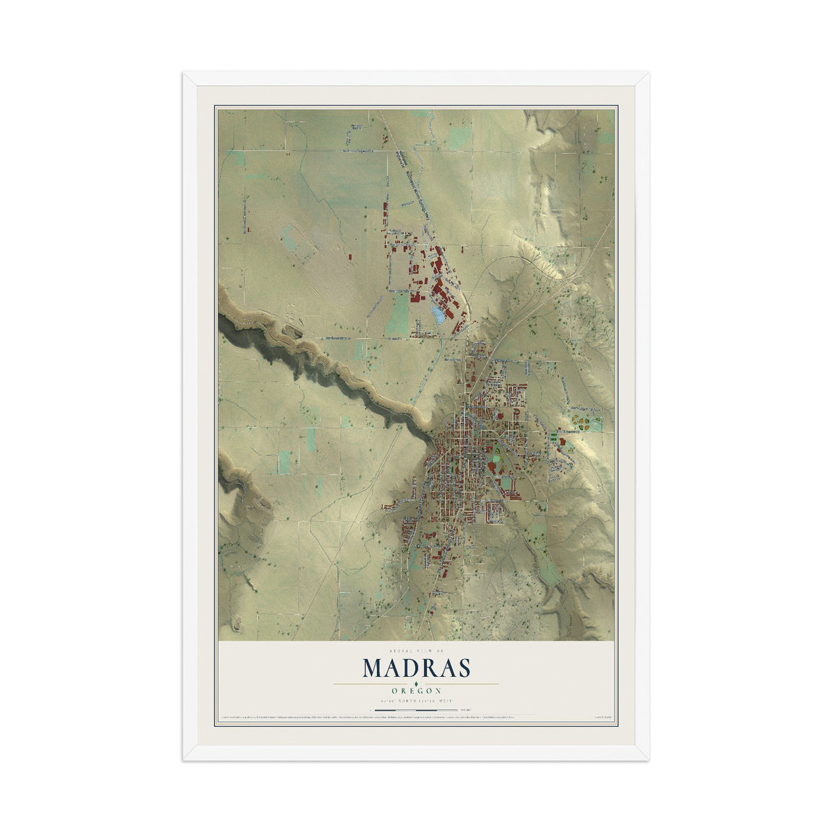 Map of Madras, Oregon, 12 x 18 inch print in a white wood frame