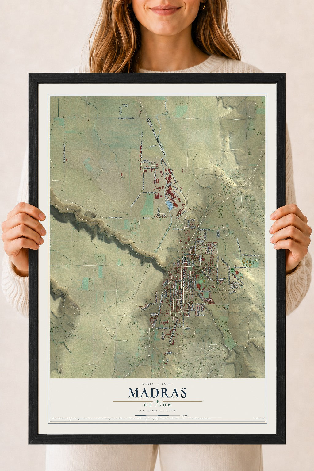 Map of Madras, Oregon, 18 x 24 inch print in a black wood frame